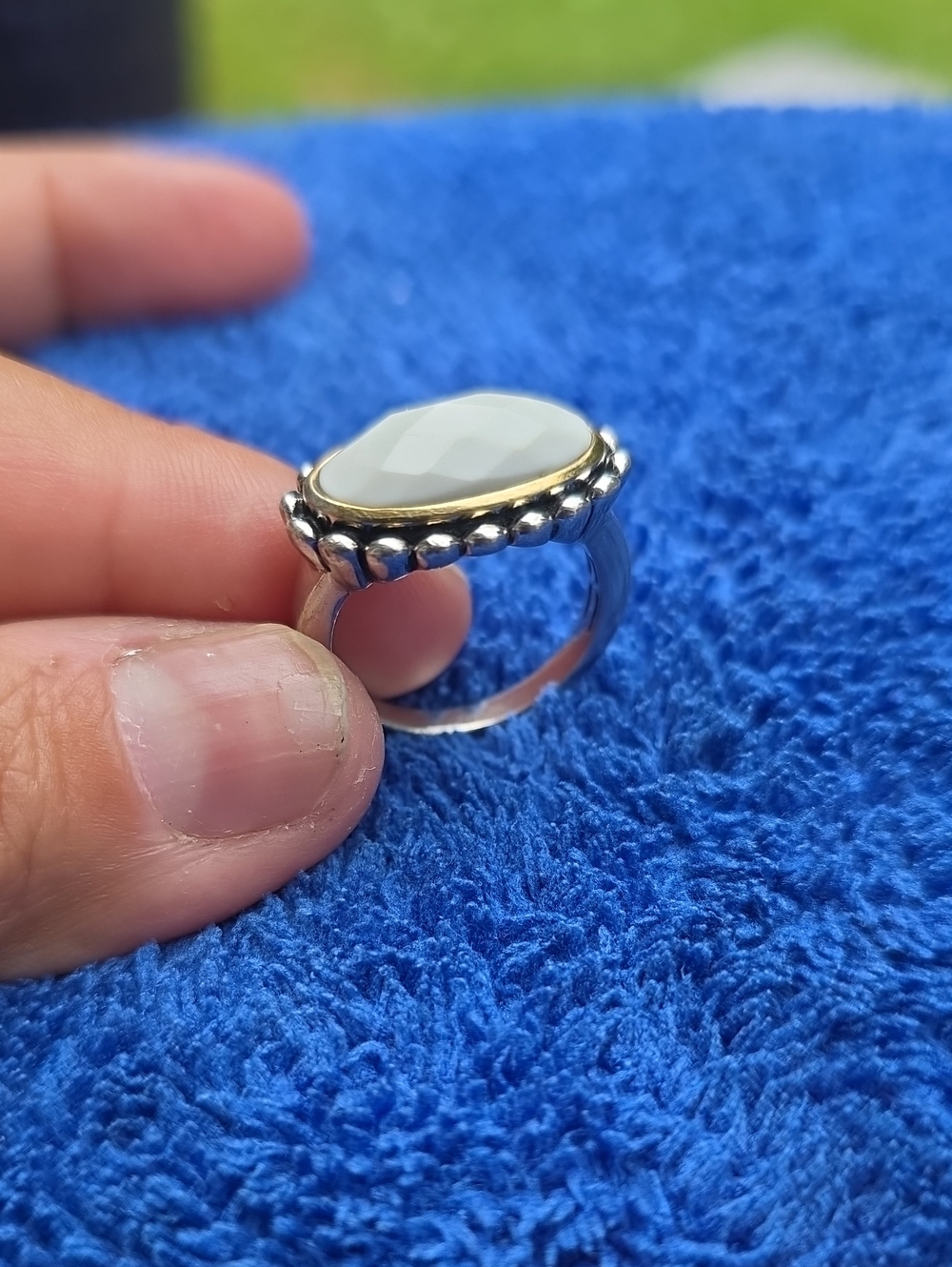 Two-Tone White Stone Women's Ring with Beaded Halo